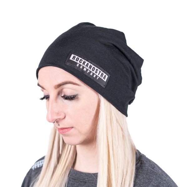 Jersey Beanie, Unisex, Schwarz mit langem Patch seitlich